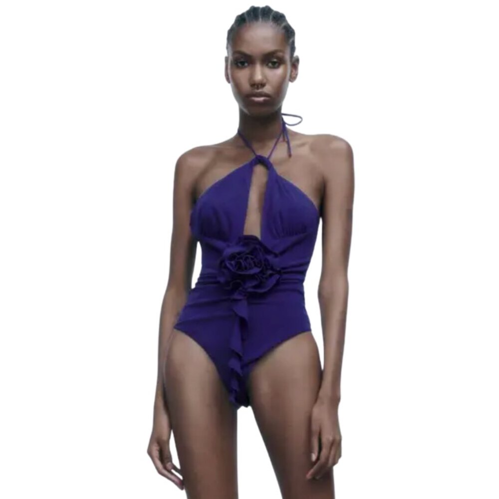 NWT Royal blue halter neck rosette floral appliqué snap closure bodysuit size XS